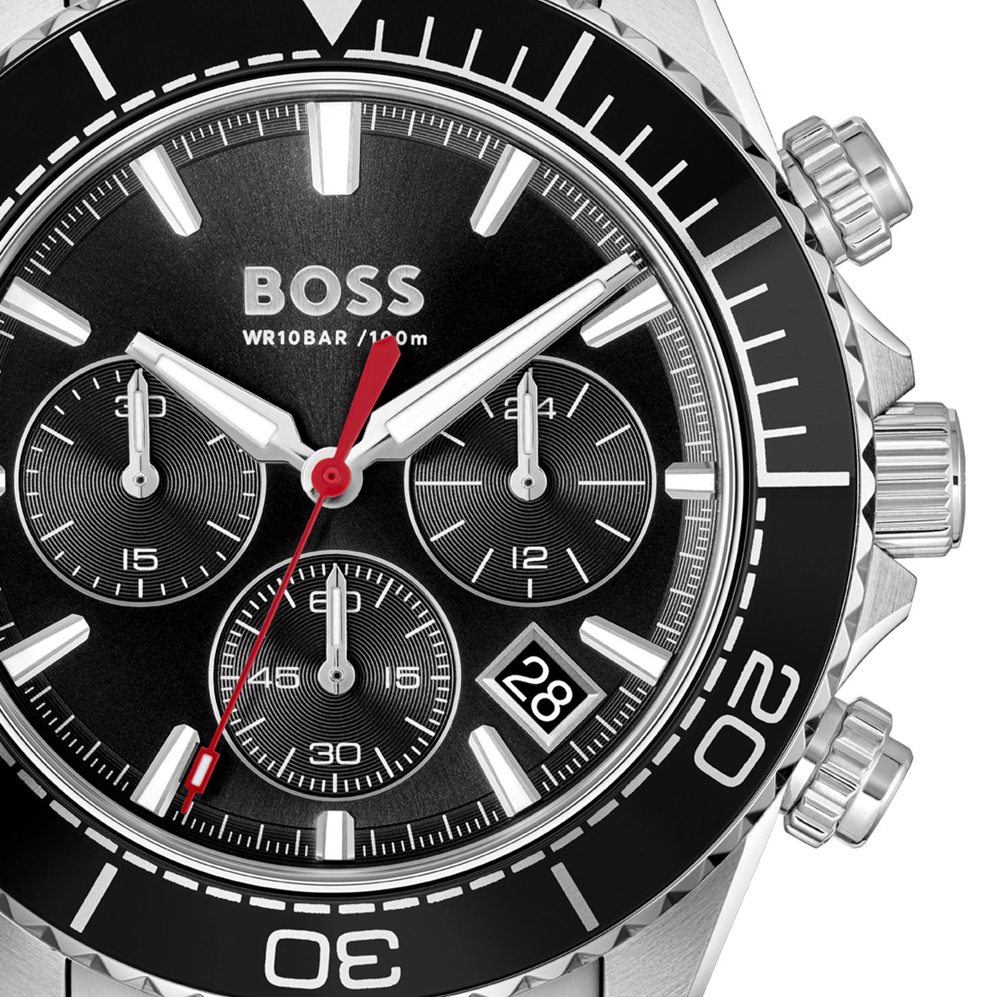 BOSS Chronographenuhr mit schwarzem Zifferblatt, roten Zeigern und drei Totalisatoren