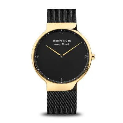 Herrenuhr mit schwarzem Zifferblatt, goldfarbenem Gehäuse und schwarzem Mesh-Band