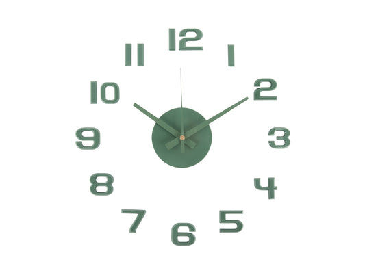 Horloge murale avec grands chiffres et aiguilles verts sur un cadran rond foncé