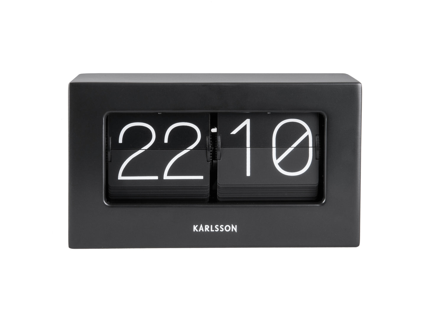 Horloge de table Karlsson dans un boîtier noir avec chiffres à rabat, affichage 22:10
