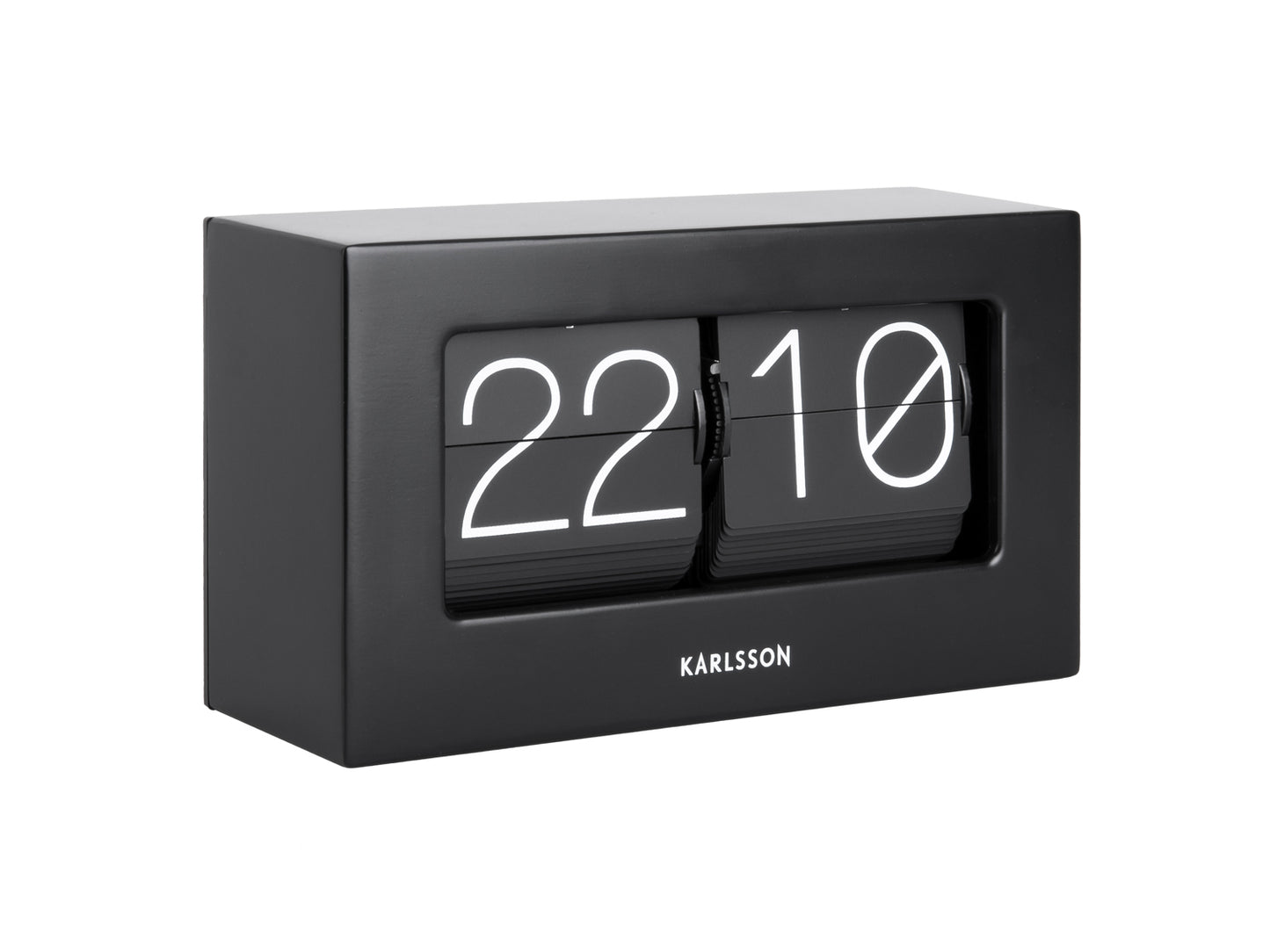 Réveil Karlsson boîte noire avec chiffres basculants, affichage 22:10, incliné
