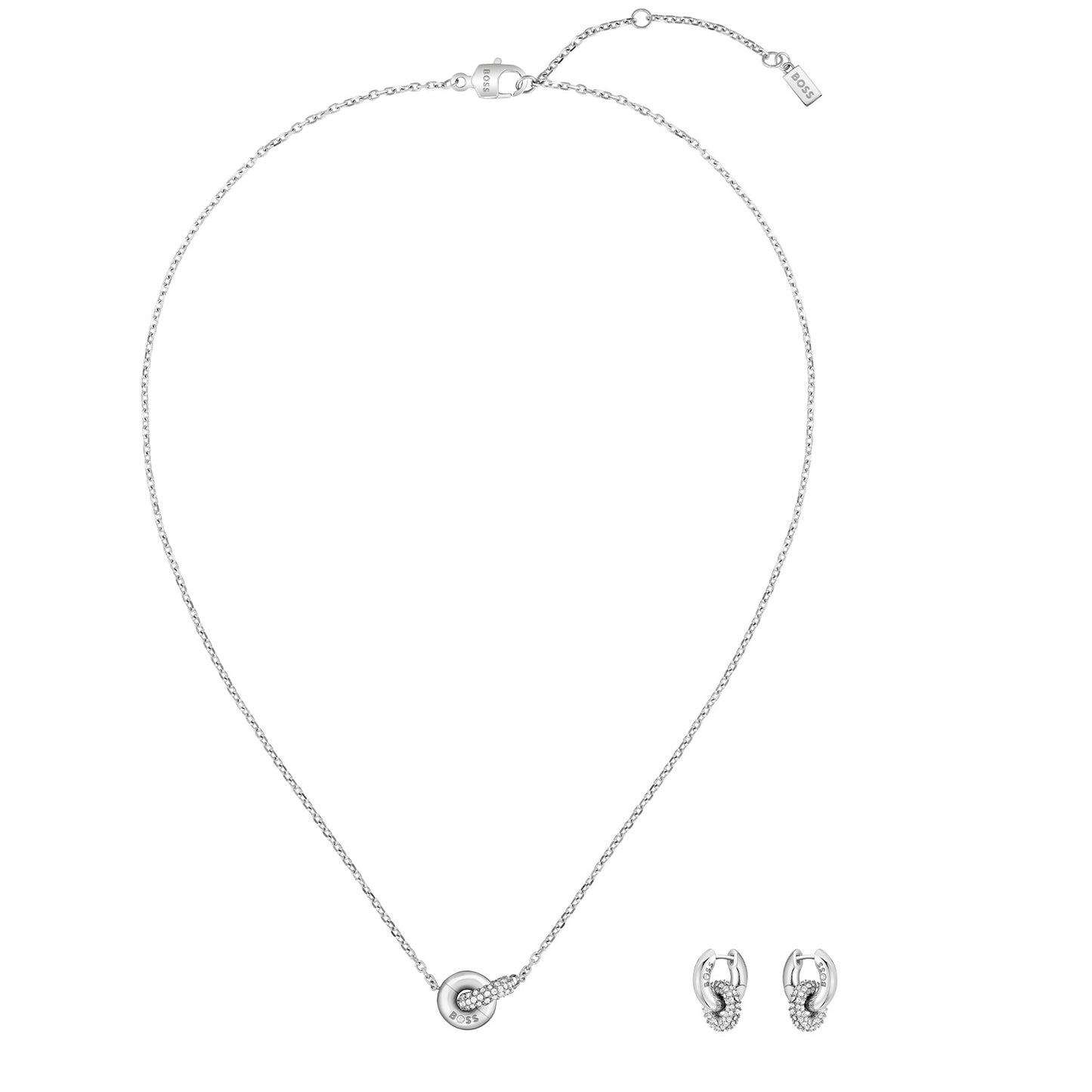 Schmuckset: silberfarbene Kette, runder Anhänger und Ohrringe