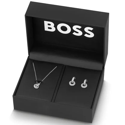 Schmuck-Geschenkset: silberne Kette und Ohrclips im schwarzen Etui