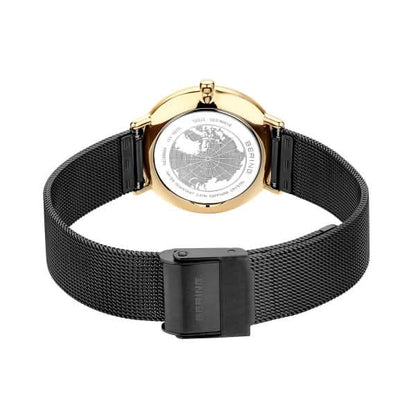 Montre femme Bering Fermoir : bracelet noir en maille avec boucle ardillon et lunette dorée.