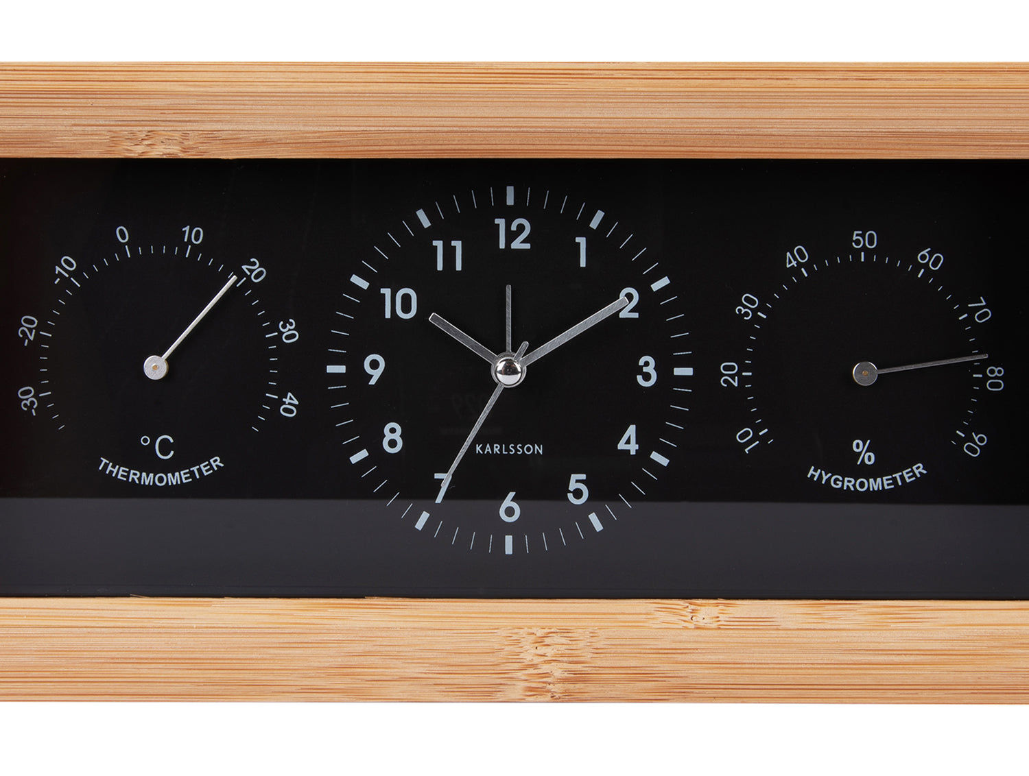 Réveil rectangulaire avec cadre en bois, cadran noir et thermomètre & hygromètre