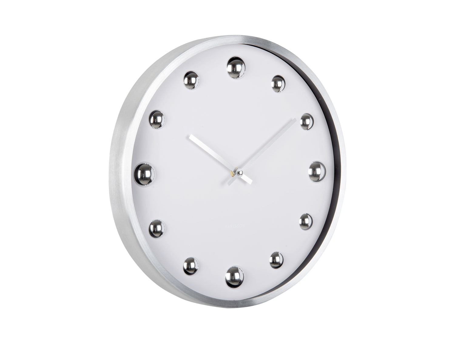 Horloge murale avec bord argenté rond, cadran blanc et index points