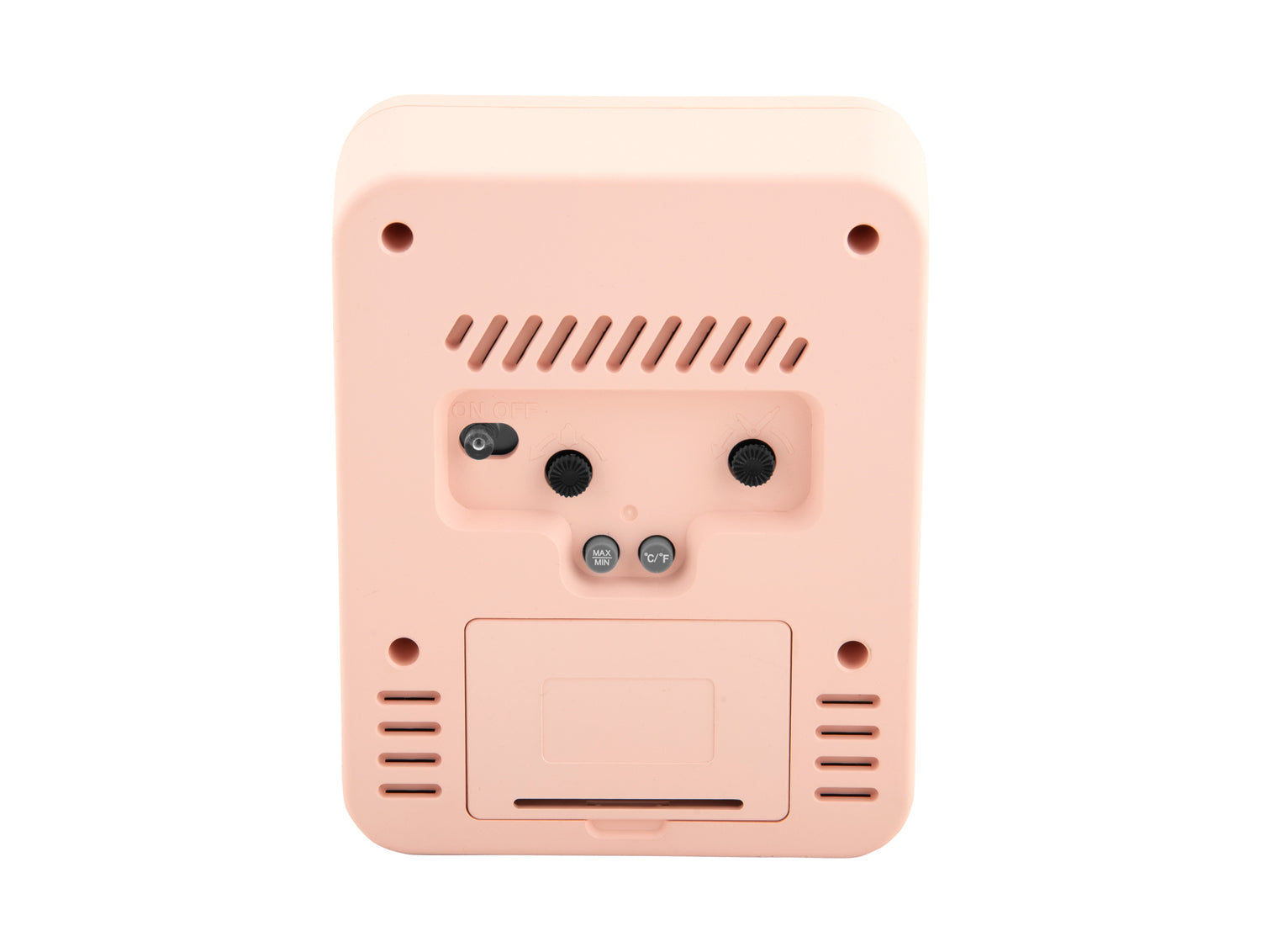 Baksida rosa väckarklocka med batterifack och sensoröppningar
