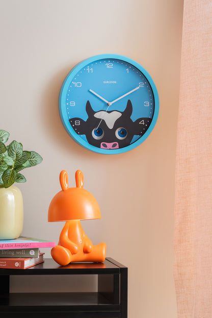 Horloge murale bleue pour chambre d'enfant avec motif vache rond, cadran et aiguilles argentées