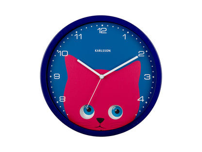 Horloge murale bleu foncé avec motif de chat rouge et yeux bleus, de forme ronde