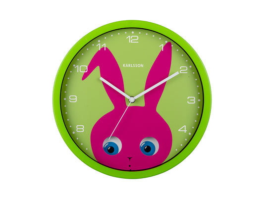 Horloge murale avec motif de lapin, bordure vert foncé, aiguilles et chiffres