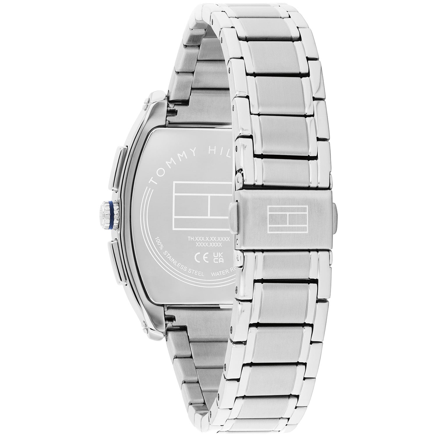 Tommy Hilfiger Herrenarmbanduhr: Edelstahlgehäuse und Armband, Rückseite sichtbar