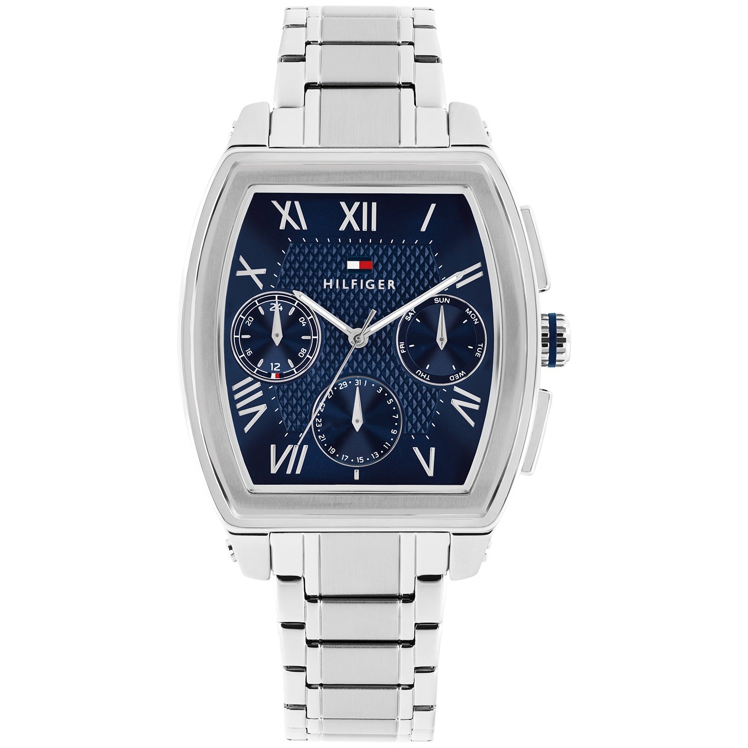 Tommy Hilfiger Herrenarmbanduhr mit blauem Tonneau-Zifferblatt und Edelstahlarmband