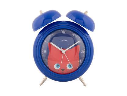 Réveil bleu avec motif de chat, yeux mobiles, design à double cloche, pieds de support
