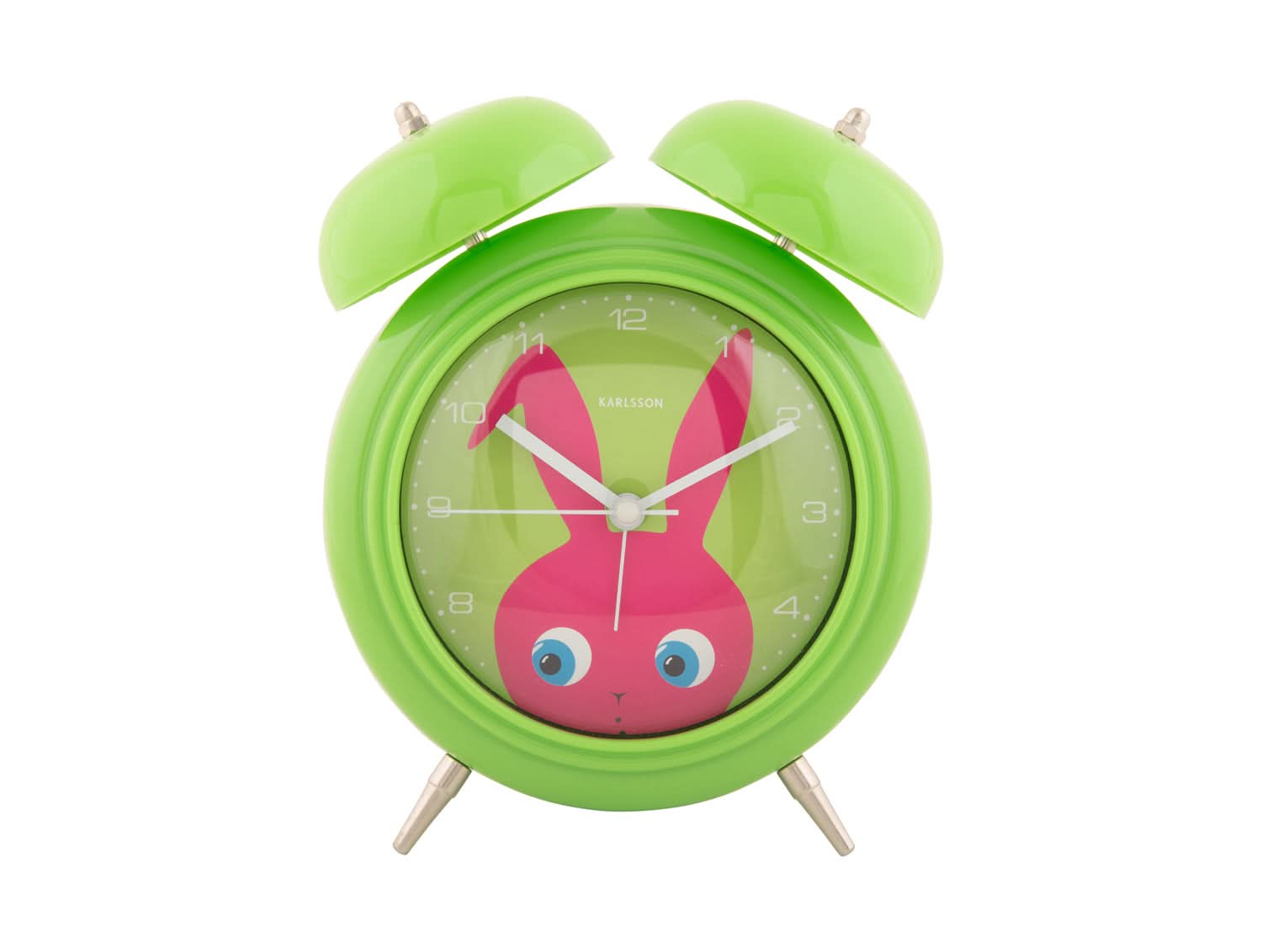 Barnväckarklocka med ljusgrönt hölje och ansikte av en kanin på framsidan