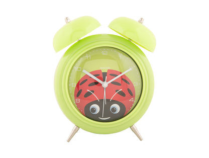 Réveil vert avec motif coccinelle, yeux mobiles, façade ronde