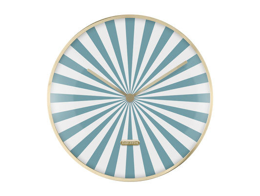 Horloge murale ronde, motif à rayons turquoise et blanc, aiguilles dorées et bordure crème