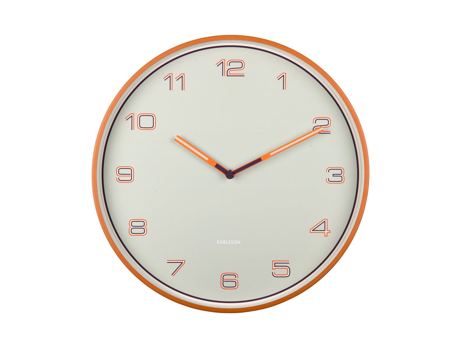 Orangefärgad väggklocka med beige urtavla och orange visare