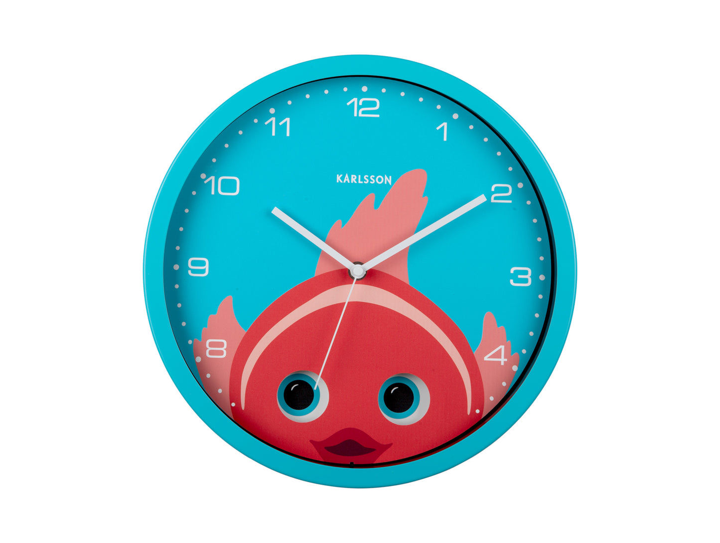 Horloge murale avec cadre turquoise et tête de poisson rouge, yeux mobiles