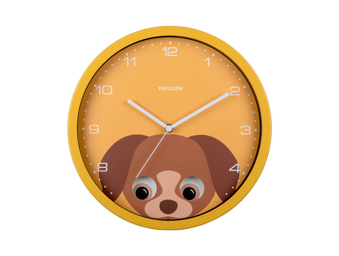 Horloge murale jaune avec motif de chien, museau marron et aiguilles argentées