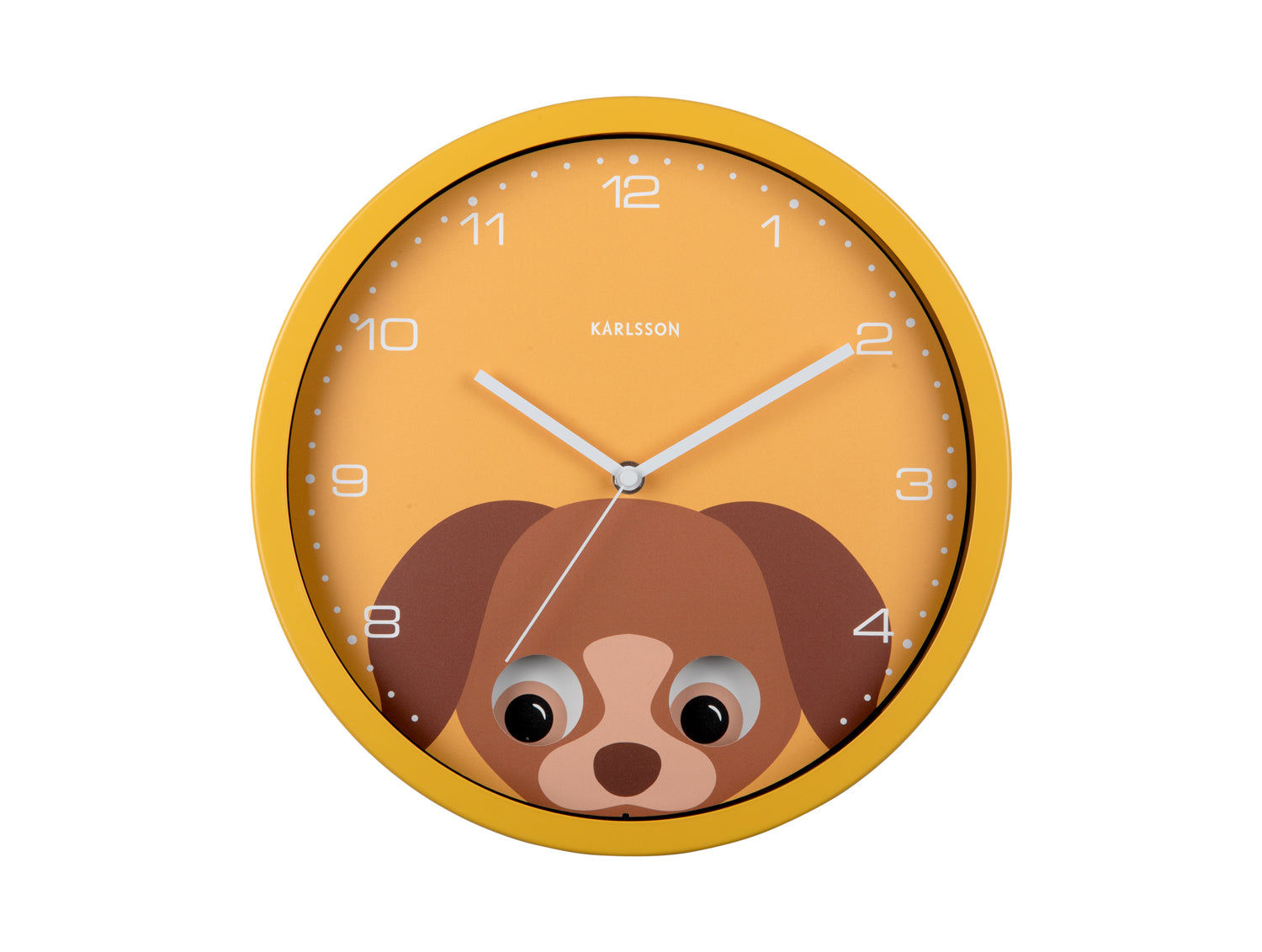 Horloge murale jaune avec motif de chien, museau marron et aiguilles argentées