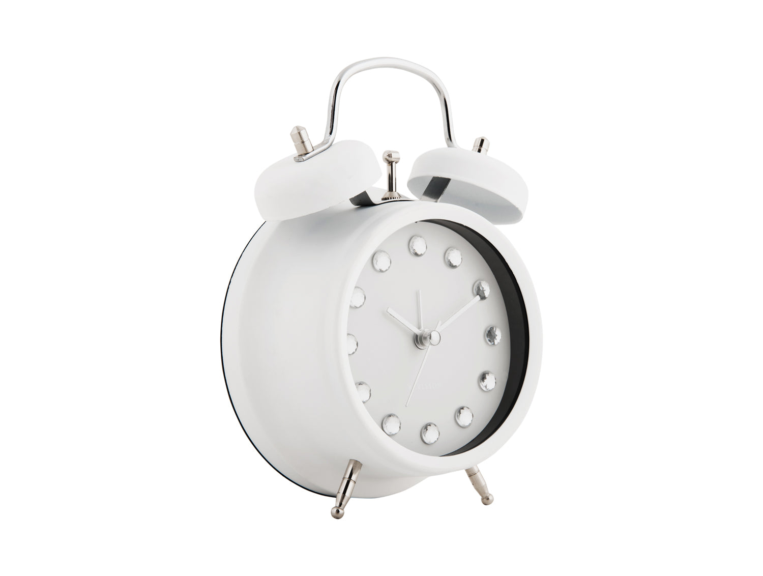 Réveil blanc avec anse et cadran en strass, vue latérale.