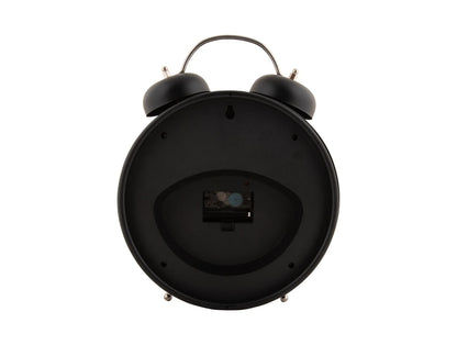 Réveil noir avec deux cloches et poignée en arc, boîtier rond