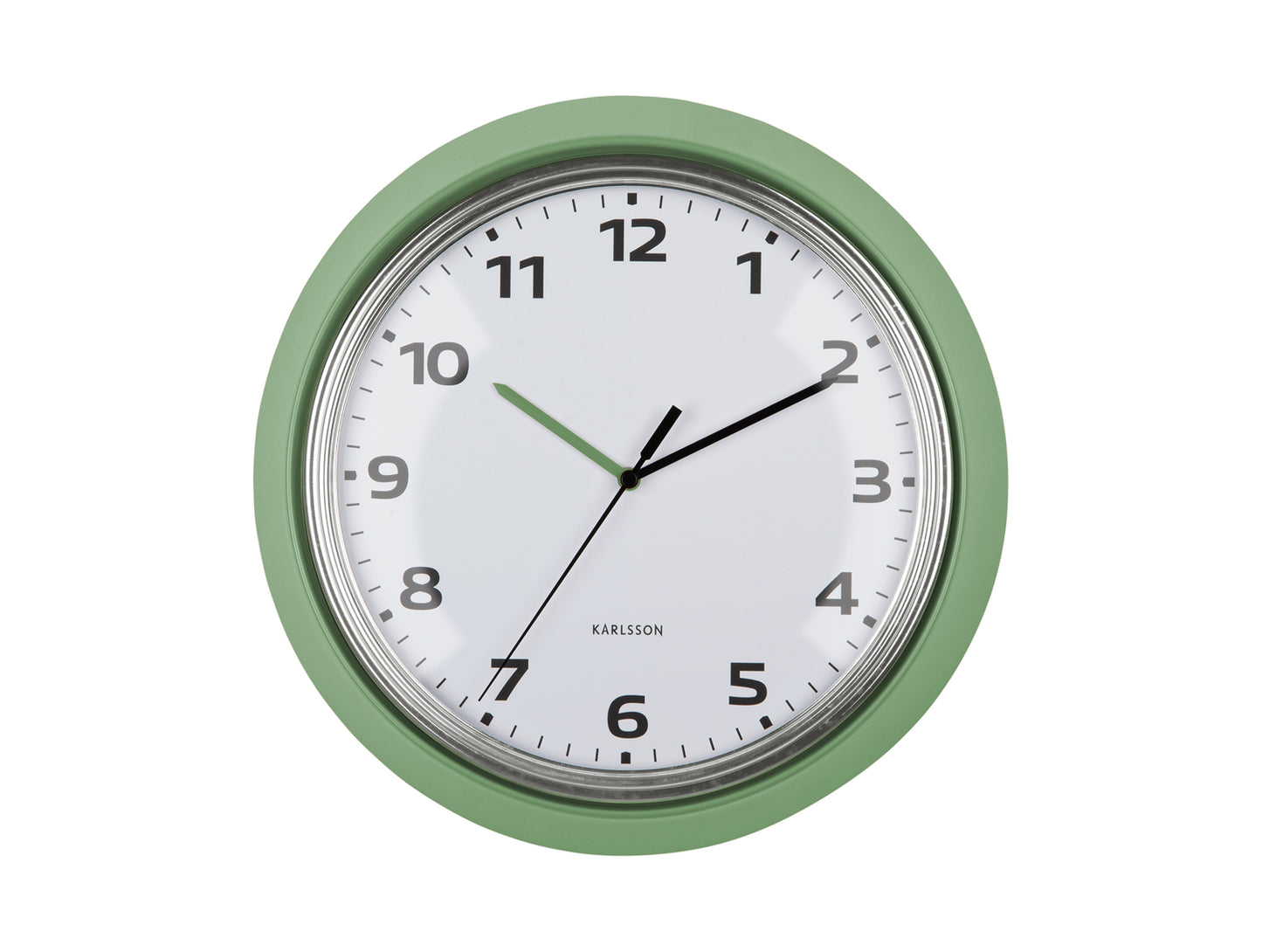Horloge murale Karlsson verte avec cadre rond, cadran blanc et aiguilles noires