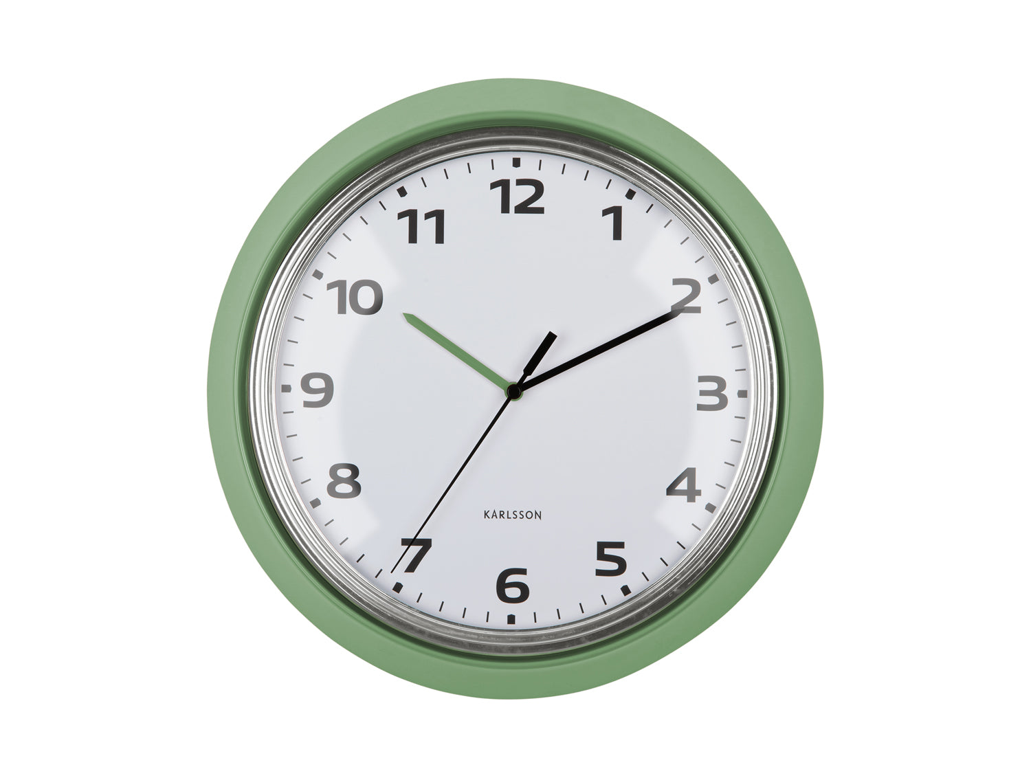 Horloge murale Karlsson verte avec cadre rond, cadran blanc et aiguilles noires