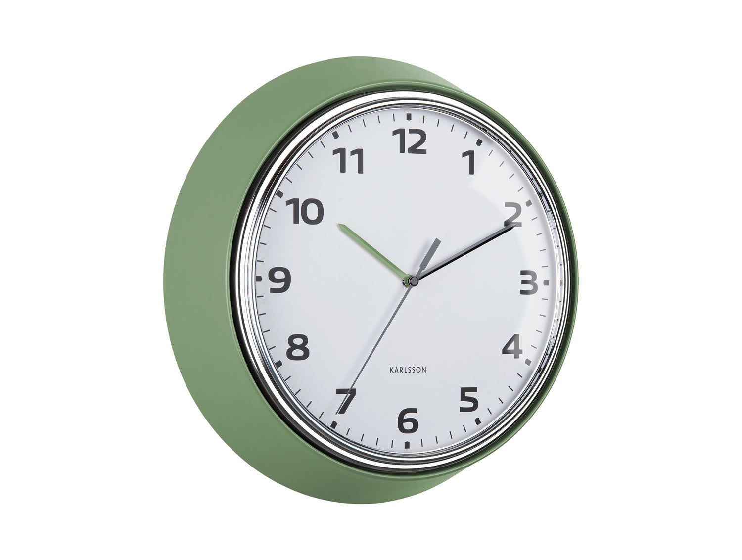 Horloge murale Karlsson verte avec cadran blanc, chiffres et aiguilles noirs