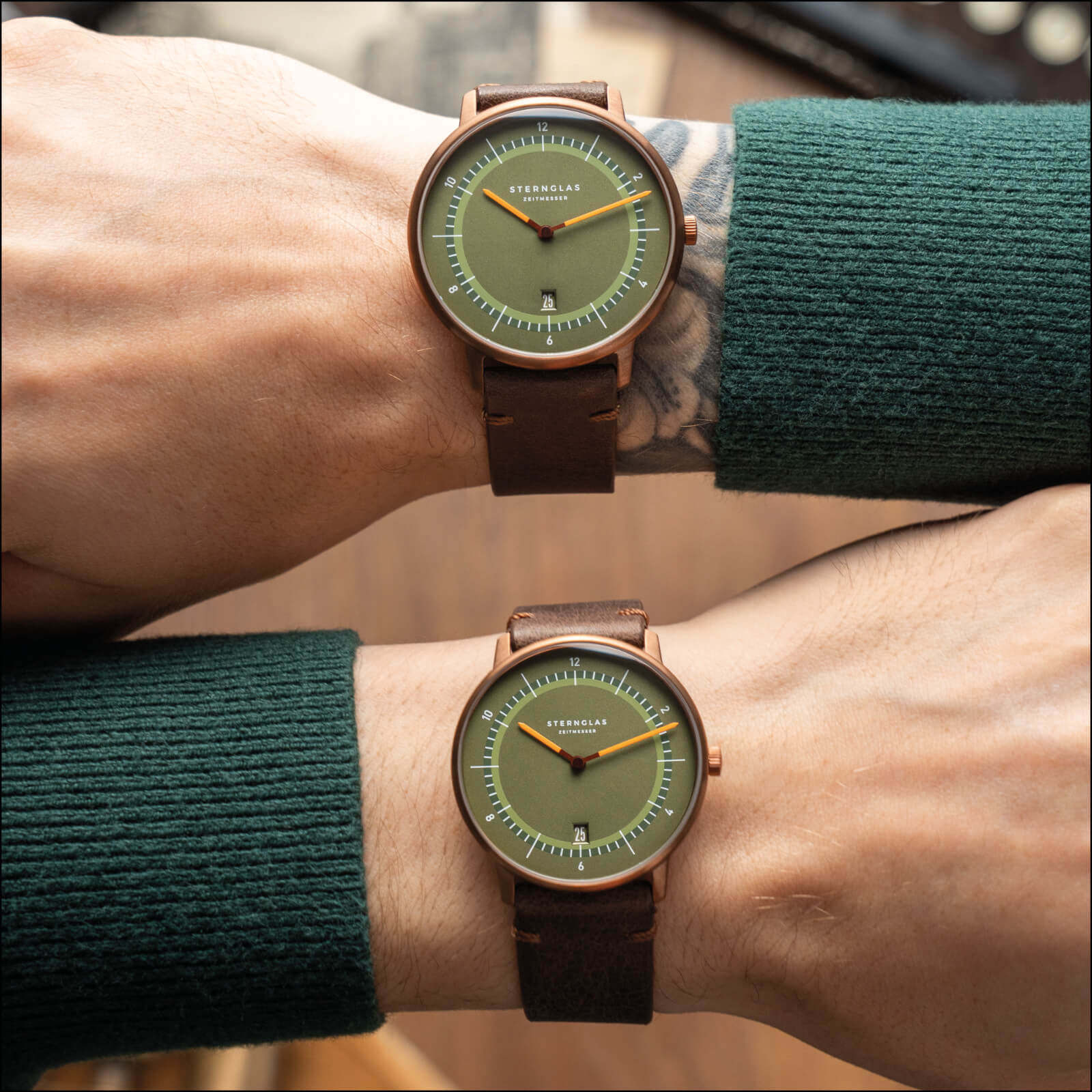 Montre pour homme au poignet avec cadran vert, aiguilles orange et bracelet en cuir marron