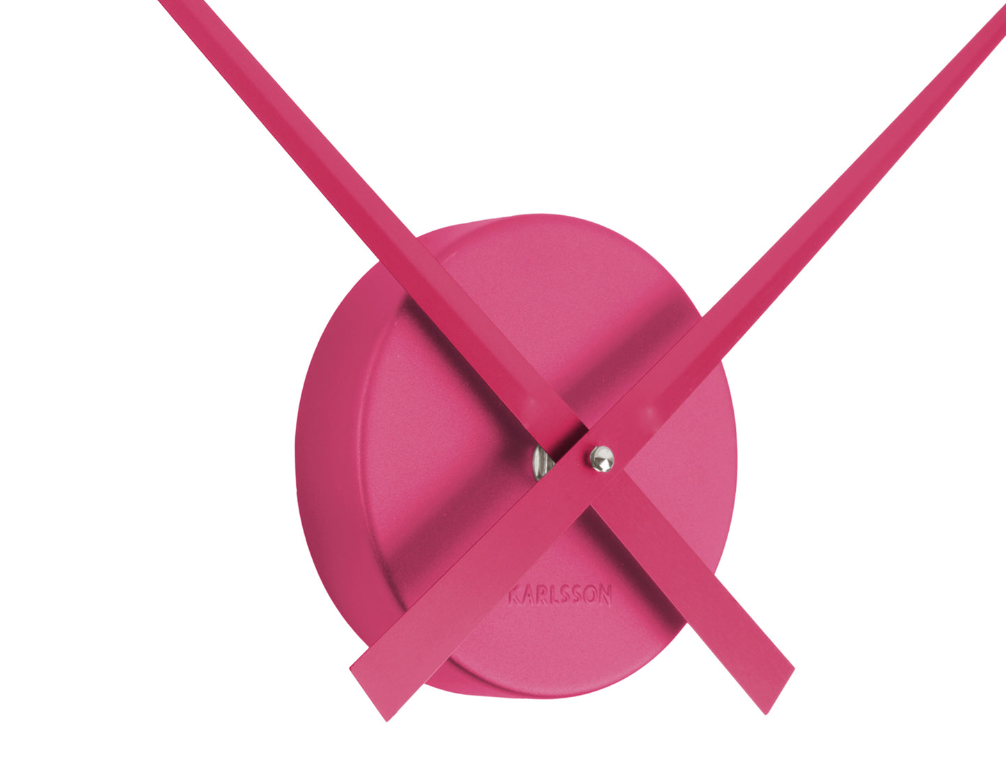 Horloge murale à cadran ouvert, boîtier rond rose foncé et aiguilles en détail