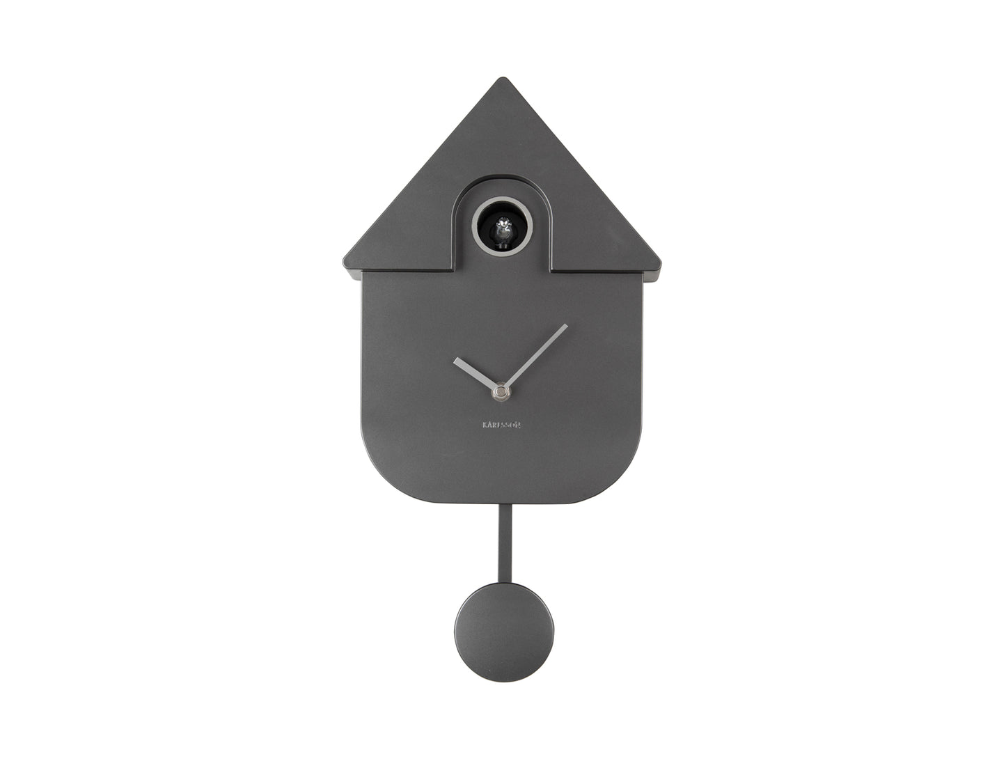 Horloge murale design, gris foncé métallisé, avec ouverture pour l'heure et balancier suspendu.