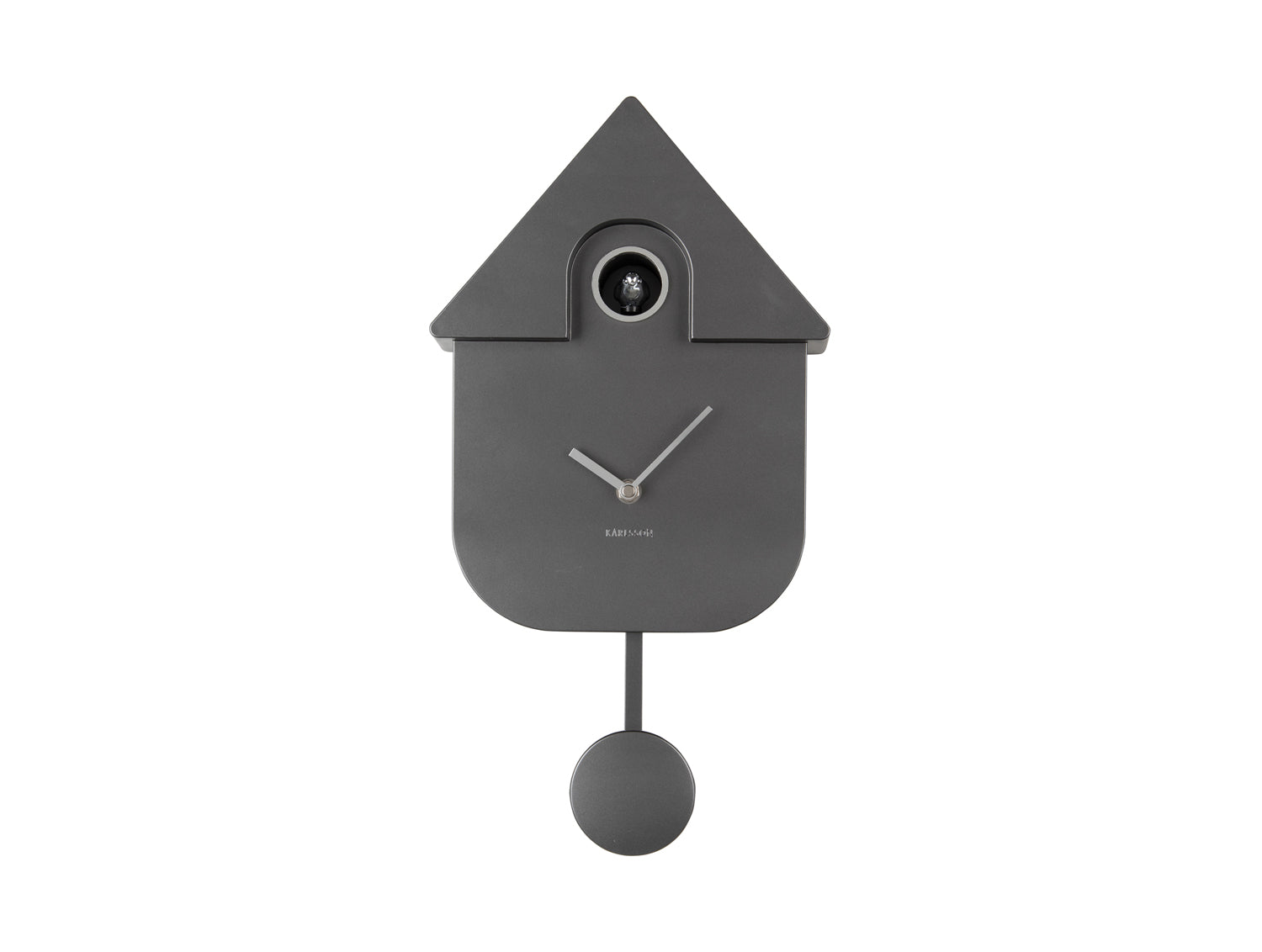 Horloge murale design, gris foncé métallisé, avec ouverture pour l'heure et balancier suspendu.