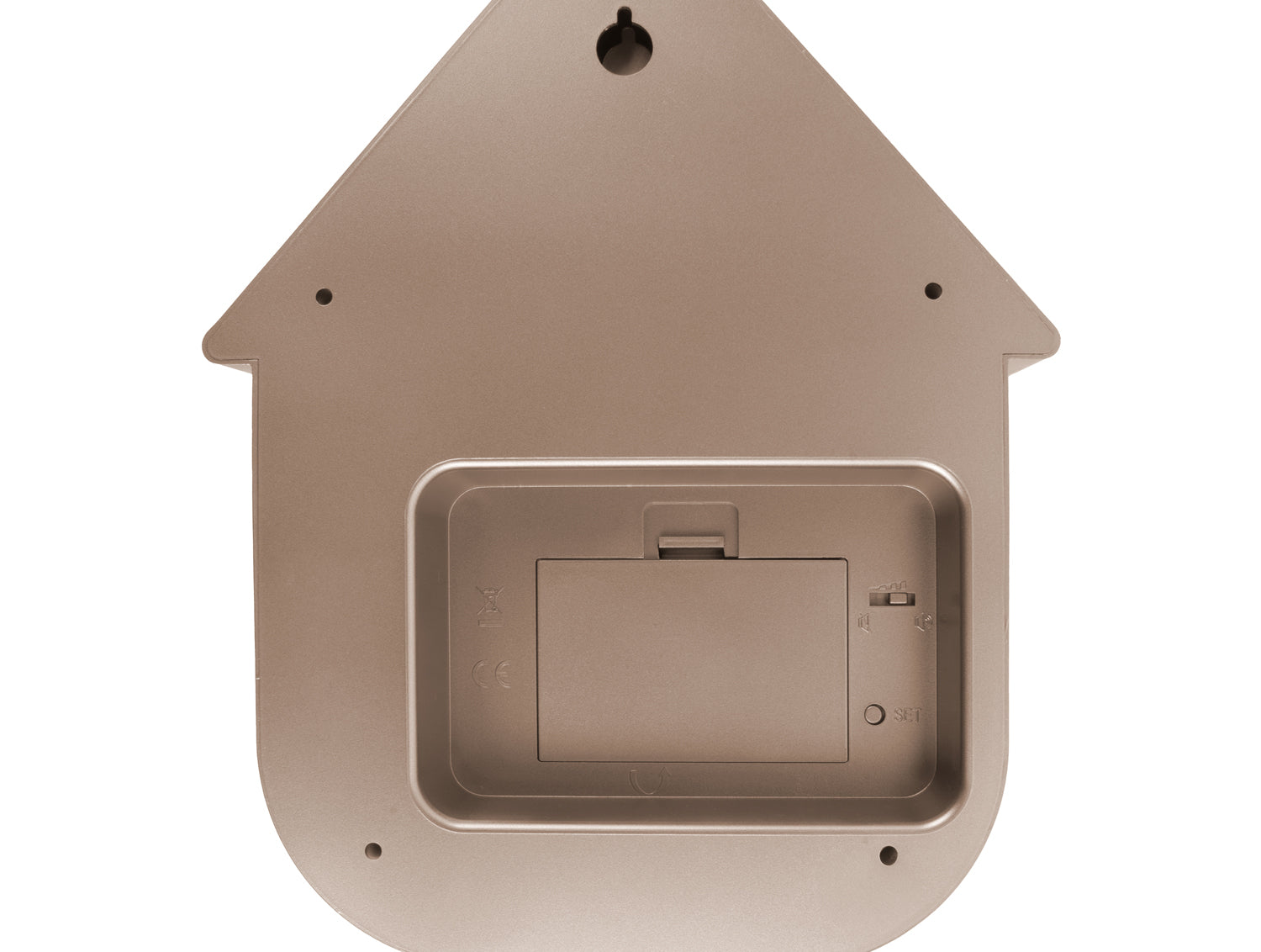 Horloge murale design maison, dos avec cache-pile et points de fixation