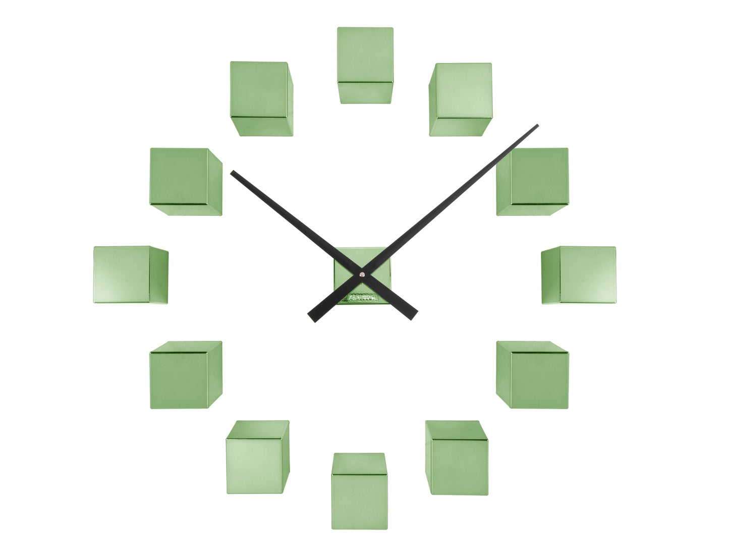 Horloge murale au design cubique métallique, cadran ouvert vert foncé et aiguilles noires