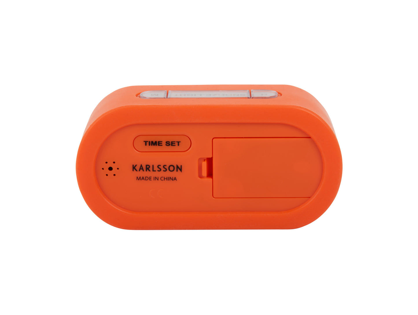 Orange väckarklocka med baksida: TIME SET och tillverkarens namn Karlsson