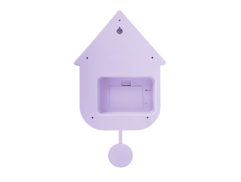 Horloge murale Karlsson forme maison, violette, dos avec compartiment à piles et suspension