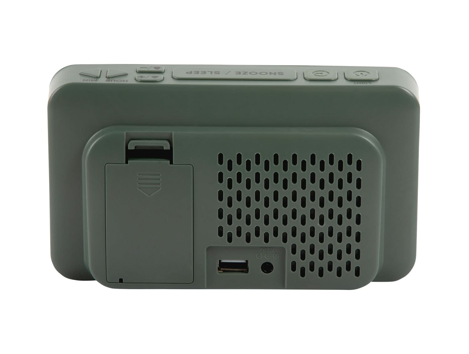 Arrière réveil rétro vert jungle avec grille de haut-parleur et ports
