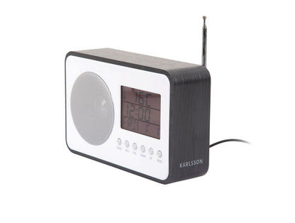 Radio-réveil FM noir avec antenne et affichage numérique de l'heure
