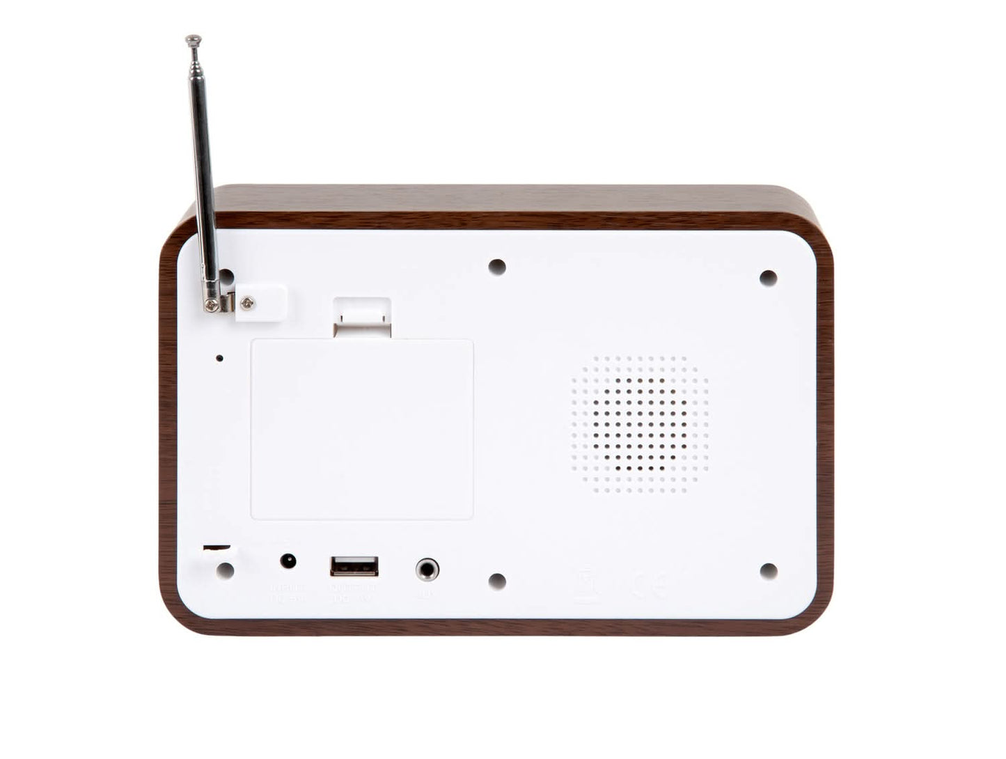 Arrière de la radio-réveil Karlsson, connexions, compartiment à piles et antenne télescopique