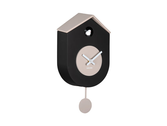 Horloge murale avec motif coucou, cadran rond et pendule oscillante, noire