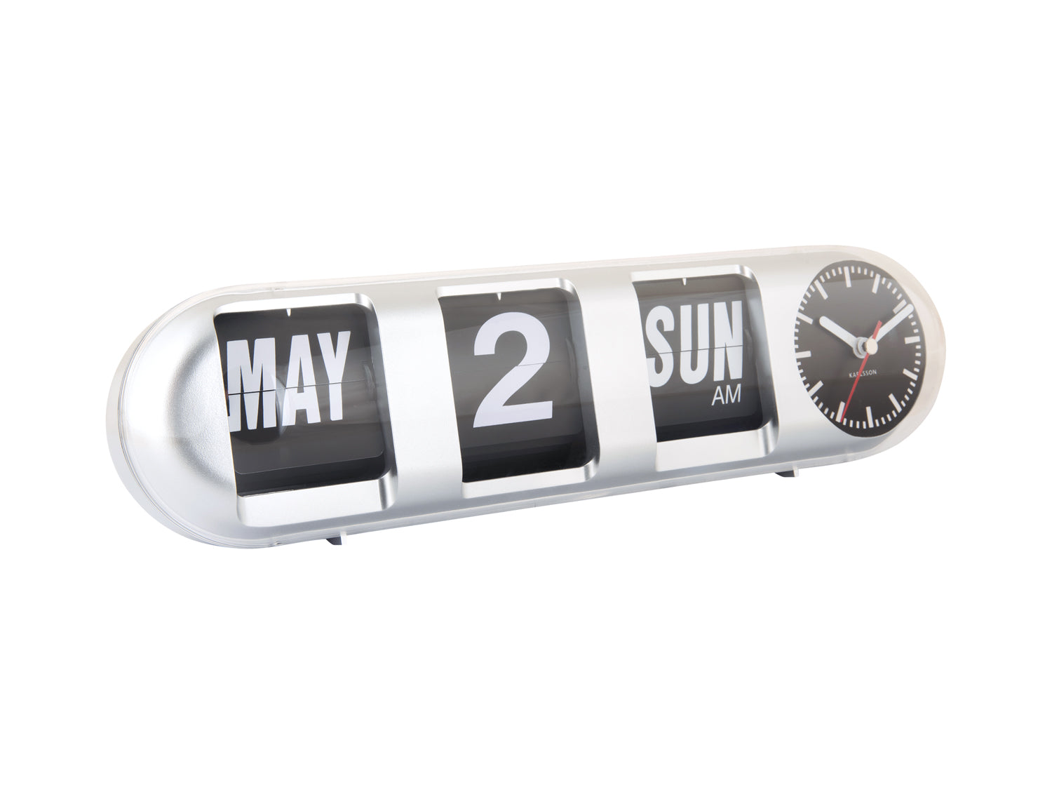 Horloge murale argentée avec chiffres rabattables 'MAY 2' et 'SUN AM' et disque d'horloge