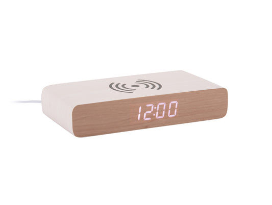 Réveil LED rétro avec symbole Qi, affichage LED 12:00 et câble de connexion, boîtier en bois