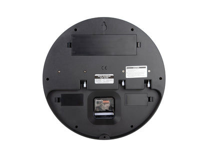 Arrière d'une horloge murale noire avec compartiment à piles et pièces de connexion