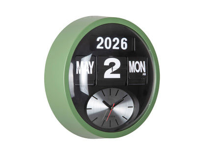 Horloge murale ronde avec bordure verte, affichage de la date à chiffres basculants et aiguilles des heures