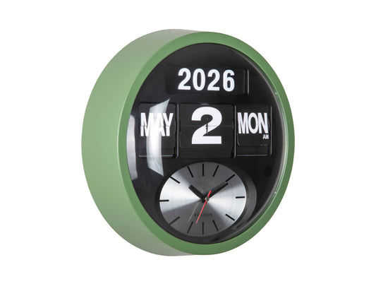 Horloge murale ronde avec bordure verte, affichage de la date à chiffres basculants et aiguilles des heures