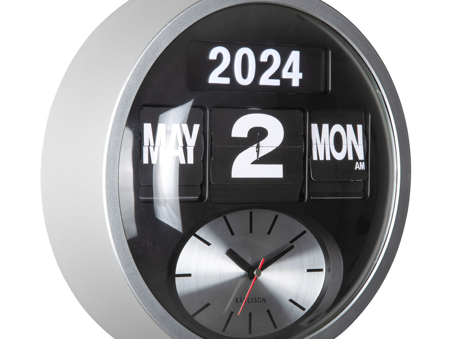 Montre murale ronde, gros plan : calendrier à chiffres basculants (2024/2), cadran analogique