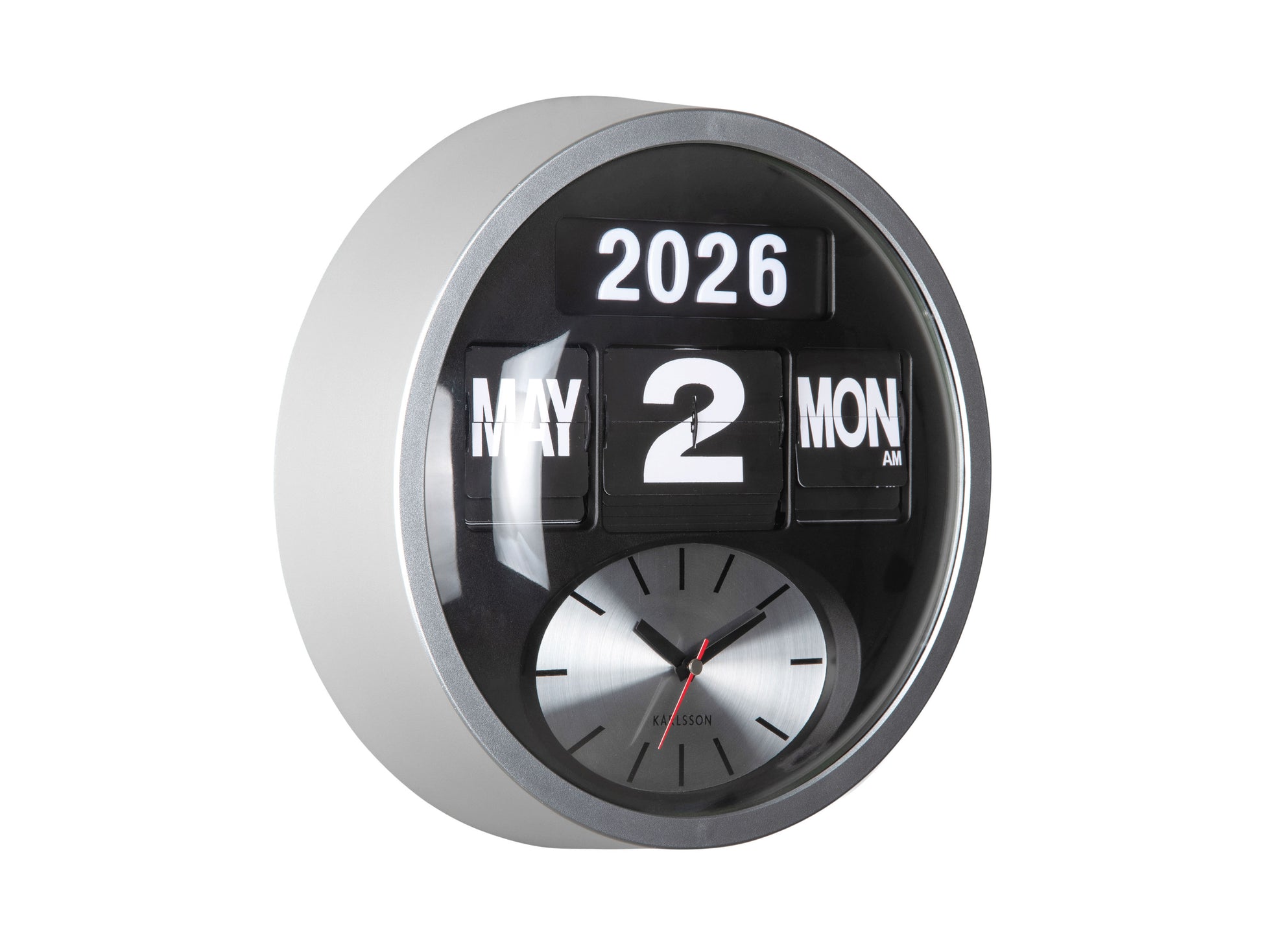 Horloge murale ronde avec cadre argenté, calendrier à rabat (2026/2), cadran analogique