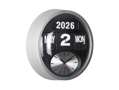 Horloge murale ronde avec cadre argenté, calendrier à rabat (2026/2), cadran analogique