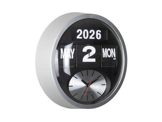 Horloge murale ronde avec cadre argenté, calendrier à rabat (2026/2), cadran analogique